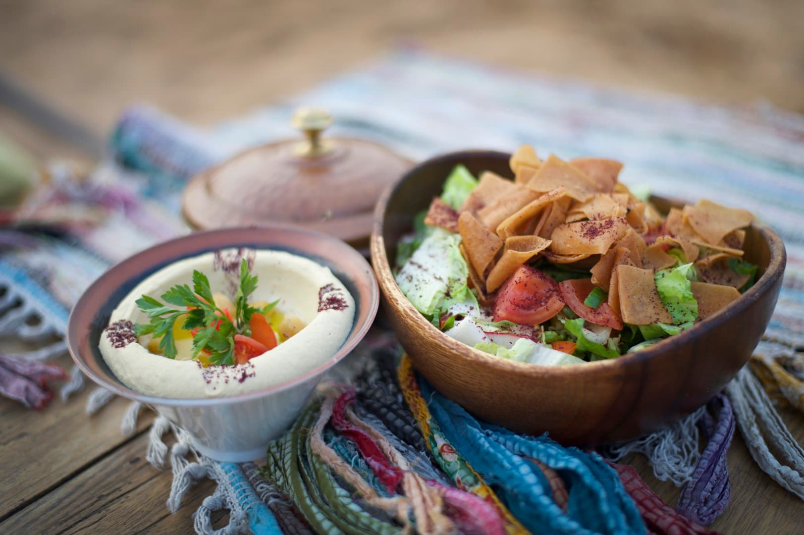 Fresh traditional salads served at the Bedouin camp during the Heritage Desert Safari in Dubai.