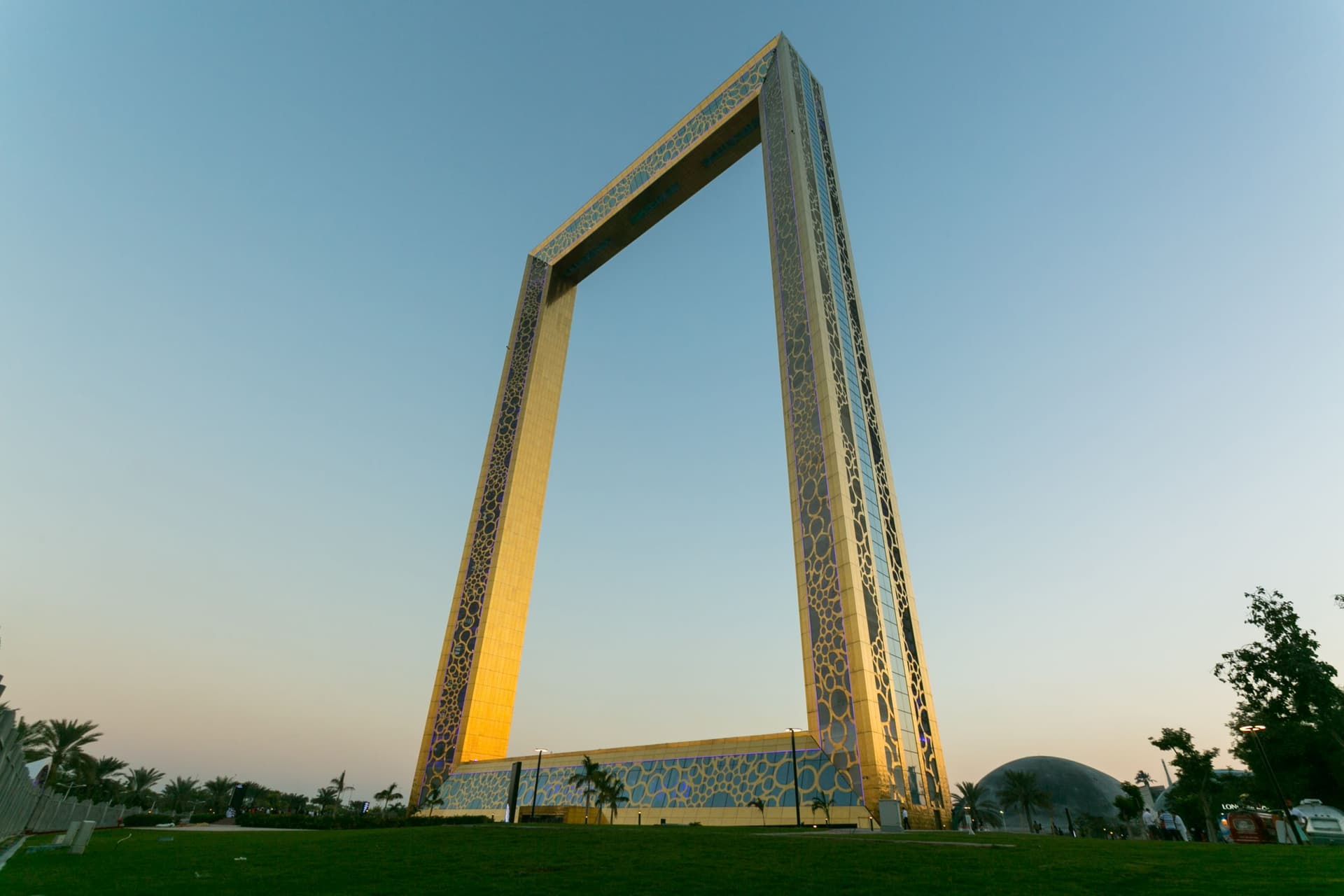 Stunning sunset view from the Dubai Frame overlooking the city and surrounding landscape