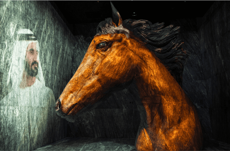 Statue of a horse displayed in a room at Expo City Dubai Vision, showcasing art and culture.