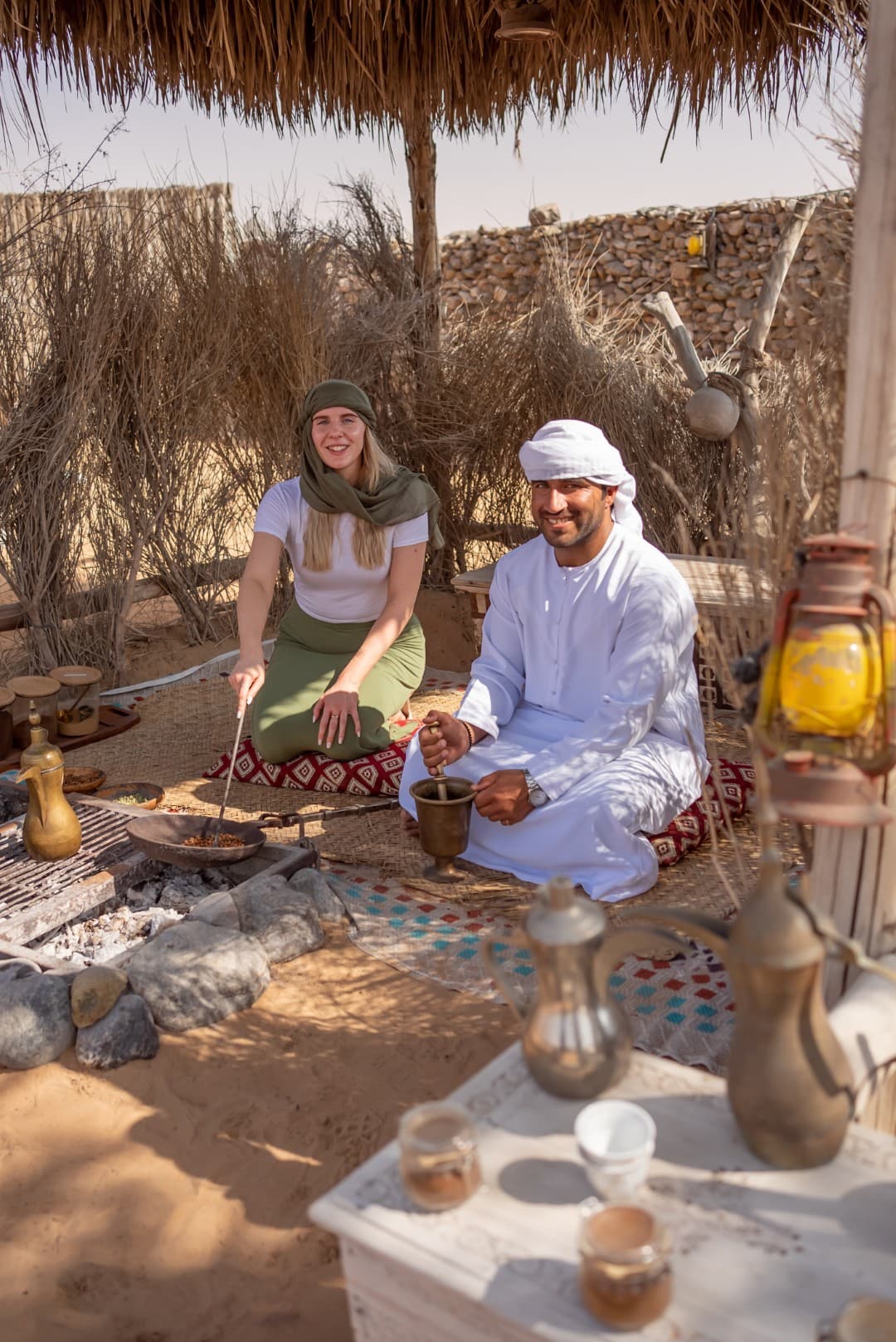 Traditional tea and coffee station at the Bedouin camp during the Heritage Desert Safari in Dubai.