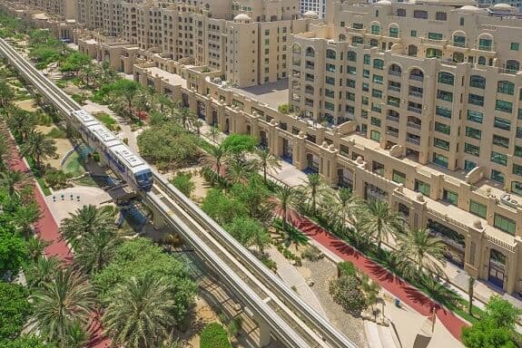 Palm Monorail at Palm Gateway Station with views of Palm Jumeirah and the surrounding waterfront.