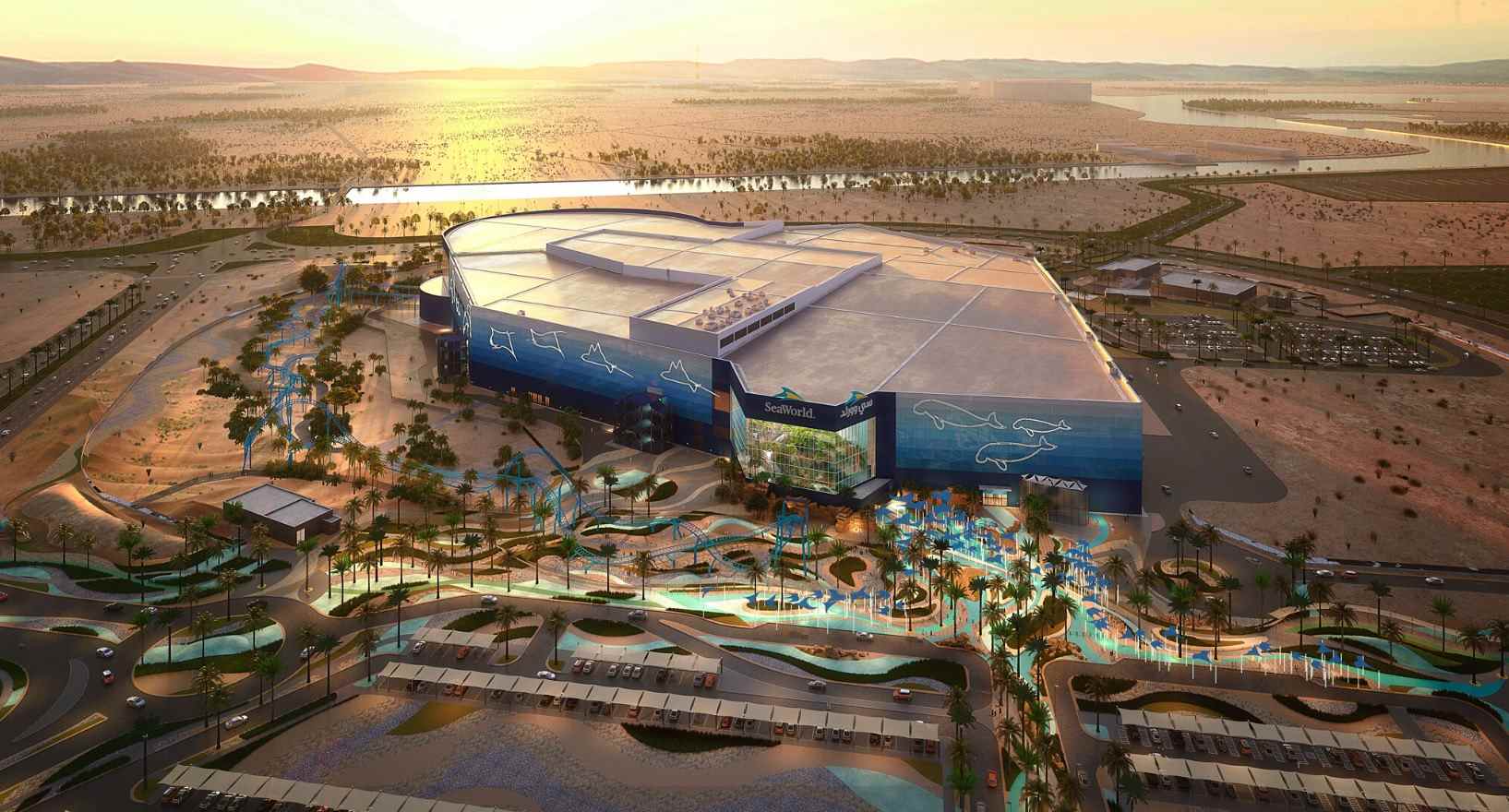  Aerial view of SeaWorld Abu Dhabi, showcasing its modern architecture and surrounding landscape.