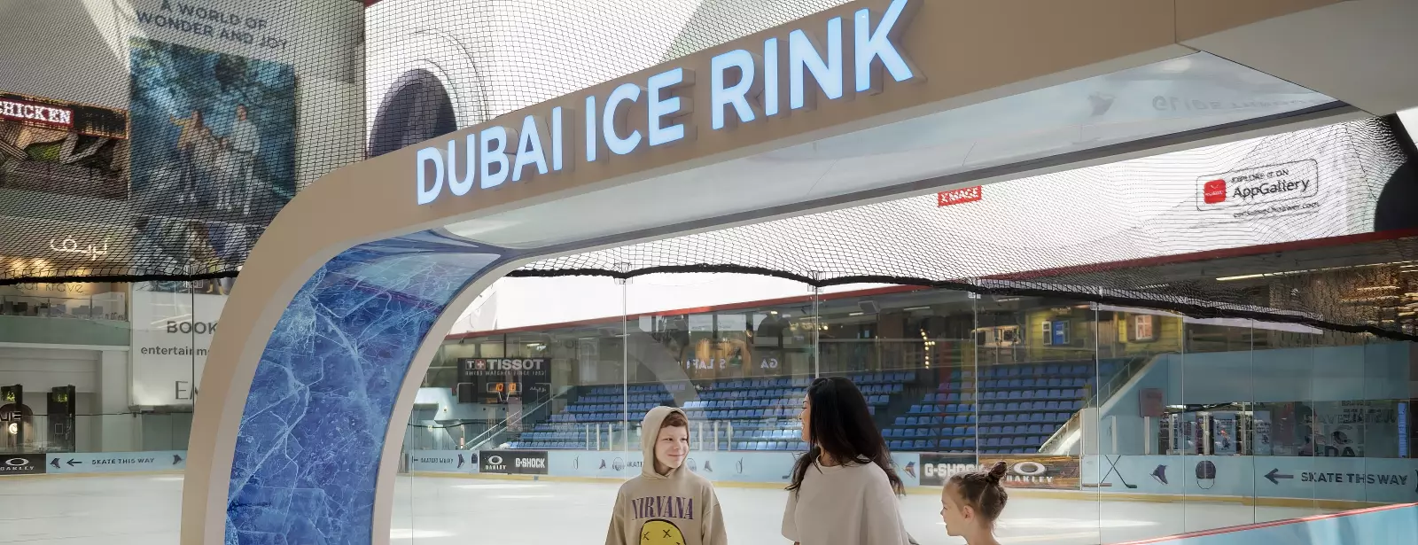 Entrance to the Dubai Ice Rink, welcoming visitors to the indoor skating arena at Dubai Mall.