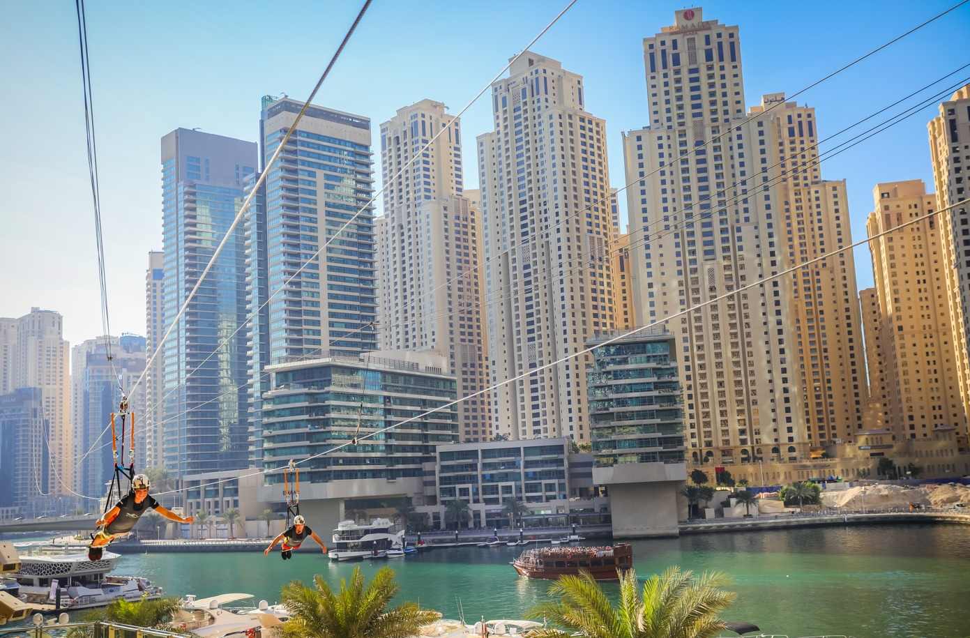 Stunning view of the Dubai Marina skyline during the XLine Dubai zipline experience