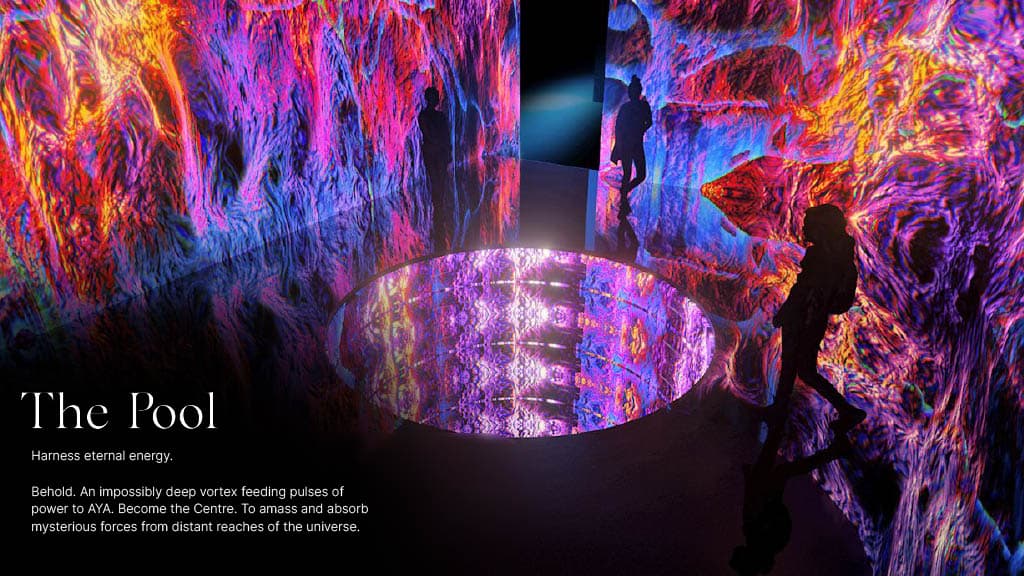 Visitors experiencing the Luna installation at Aya Universe with glowing moon-inspired lights and immersive digital visuals