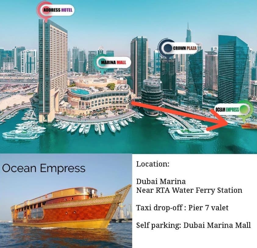Location view of Mega Dhow dinner cruise departure point in Dubai Marina