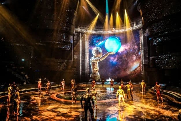 Dancers performing a spectacular water dance show at La Perle by Dragone in Dubai.