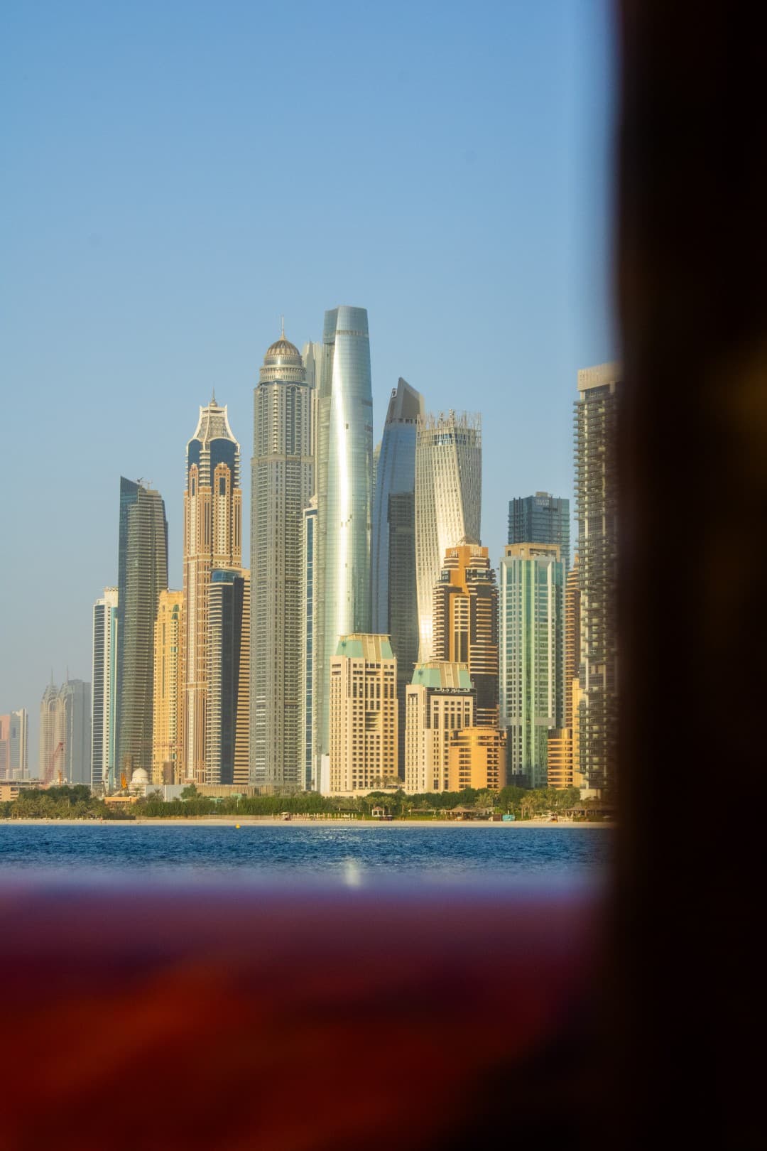 Dubai Marina skyline during sunset viewed from a dhow cruise