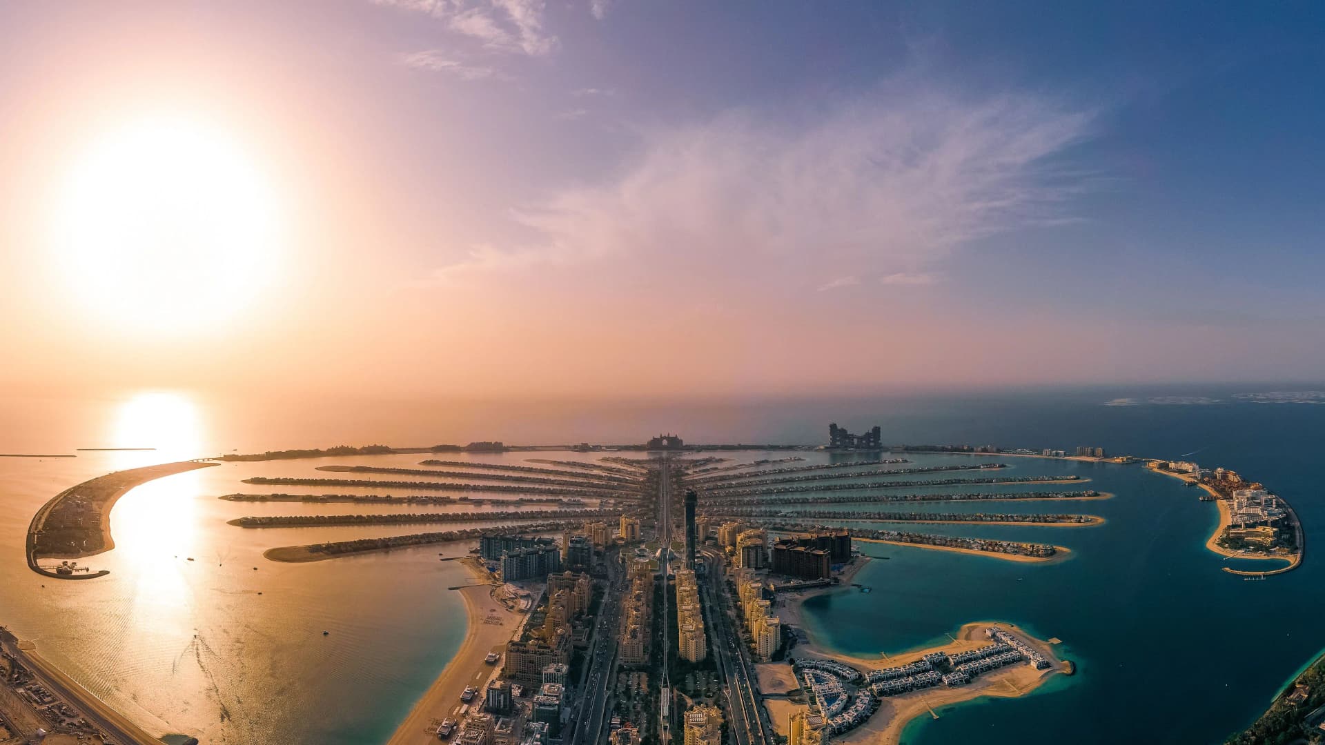 Panoramic experience view of Palm Jumeirah from the observation deck at The View at The Palm in Dubai.