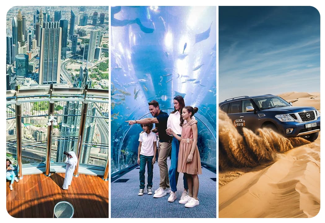 At The Top Burj Khalifa (124 Floor) Non-Prime Time + Desert Safari (Standard) + Dubai Aquarium and Underwater Zoo - clicktoguide