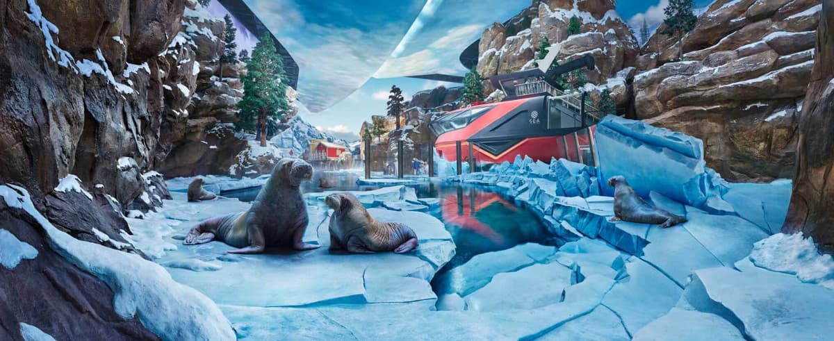 A polar bear stands in a snow-covered area at SeaWorld Abu Dhabi's Arctic exhibit.