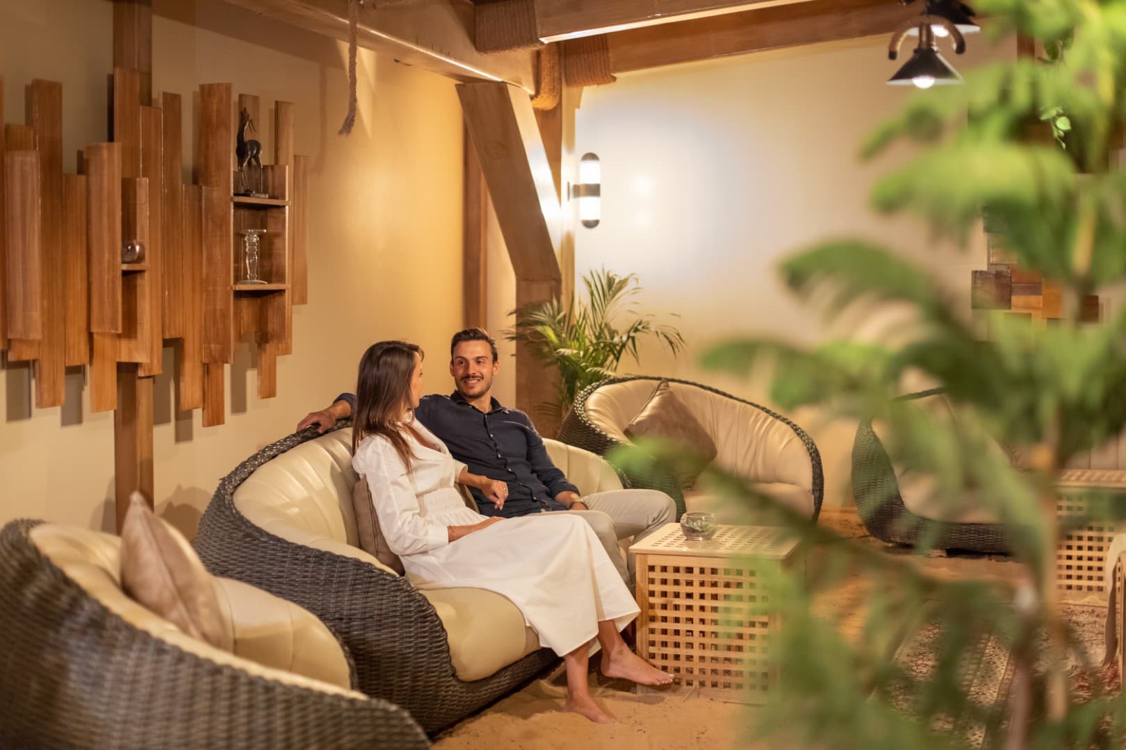 Comfortable traditional seating setup for guests at the Platinum Desert Safari desert camp.
