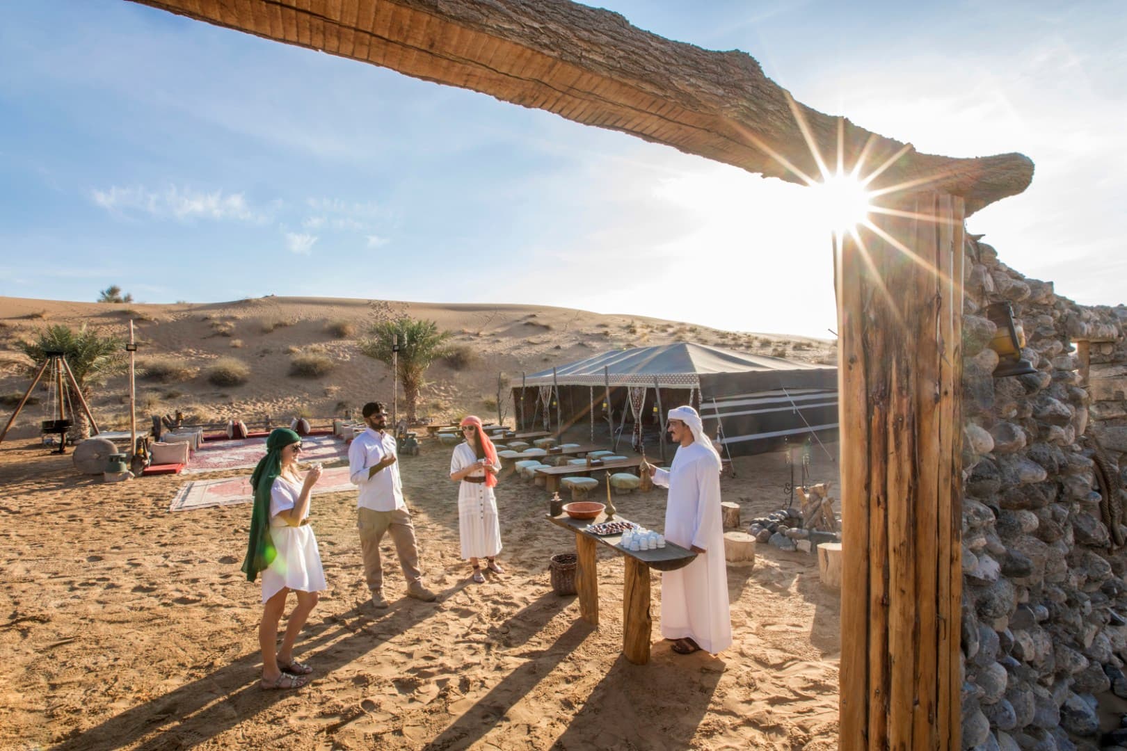 Traditional welcome area at the Bedouin camp during the Heritage Desert Safari experience in Dubai.