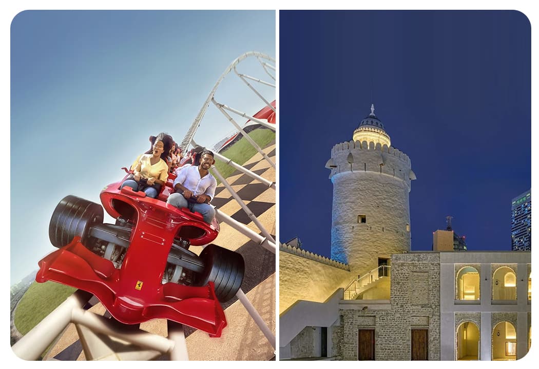 Two images: one of a roller coaster in motion and another of a majestic castle against a clear blue sky.