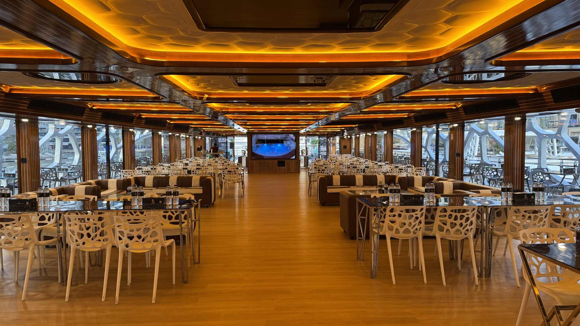 Spacious Deck 2 lounge area on the Lotus Royale yacht in Dubai