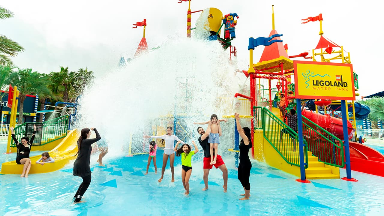 Water park at Legoland in Dubai Parks and Resorts, featuring colorful slides and attractions for families and children