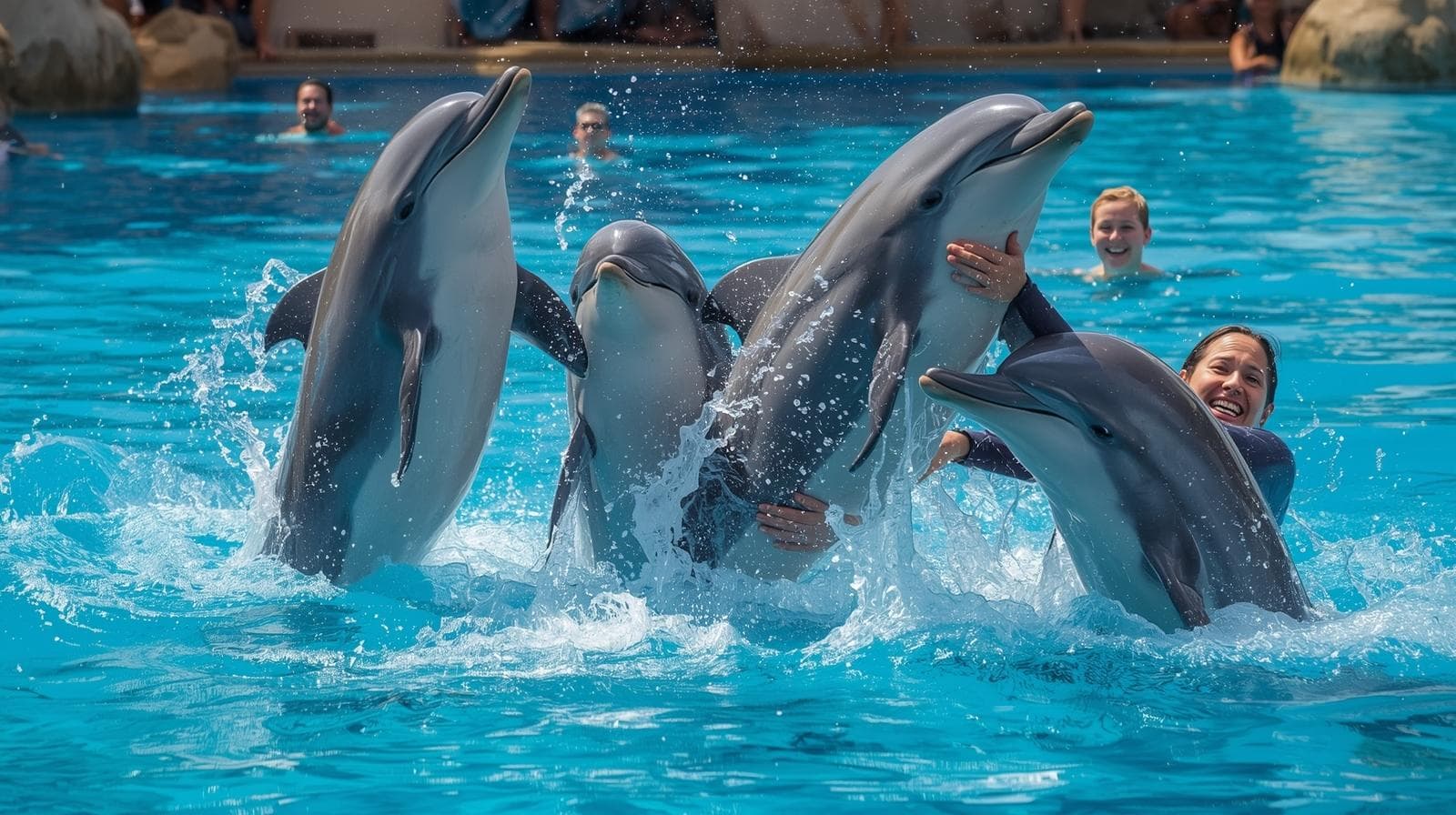 Dolphins swimming in a zoo water exhibit during a dolphin interaction session.