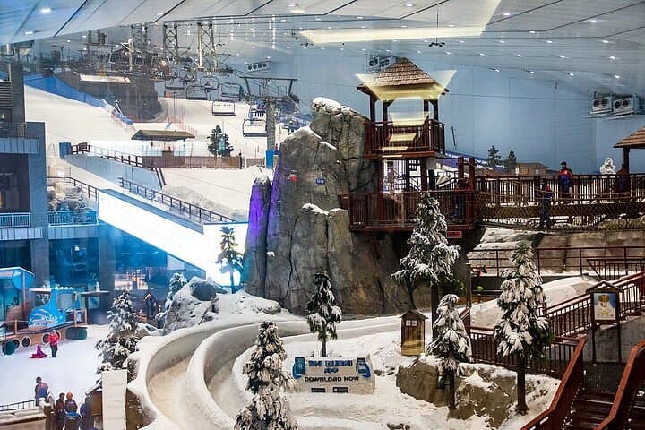 Indoor snow park at Ski Dubai with winter activities and snowy play areas for visitors.