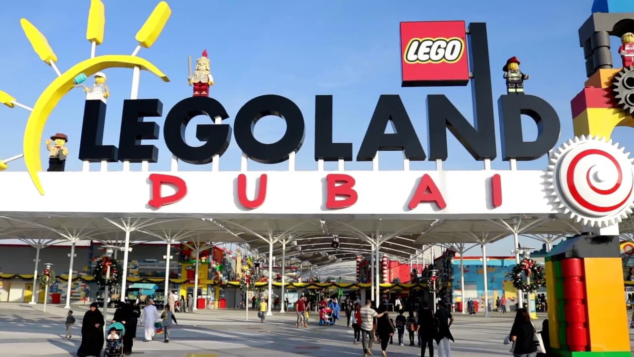 Entrance of Legoland Dubai showing colorful Lego-themed structures