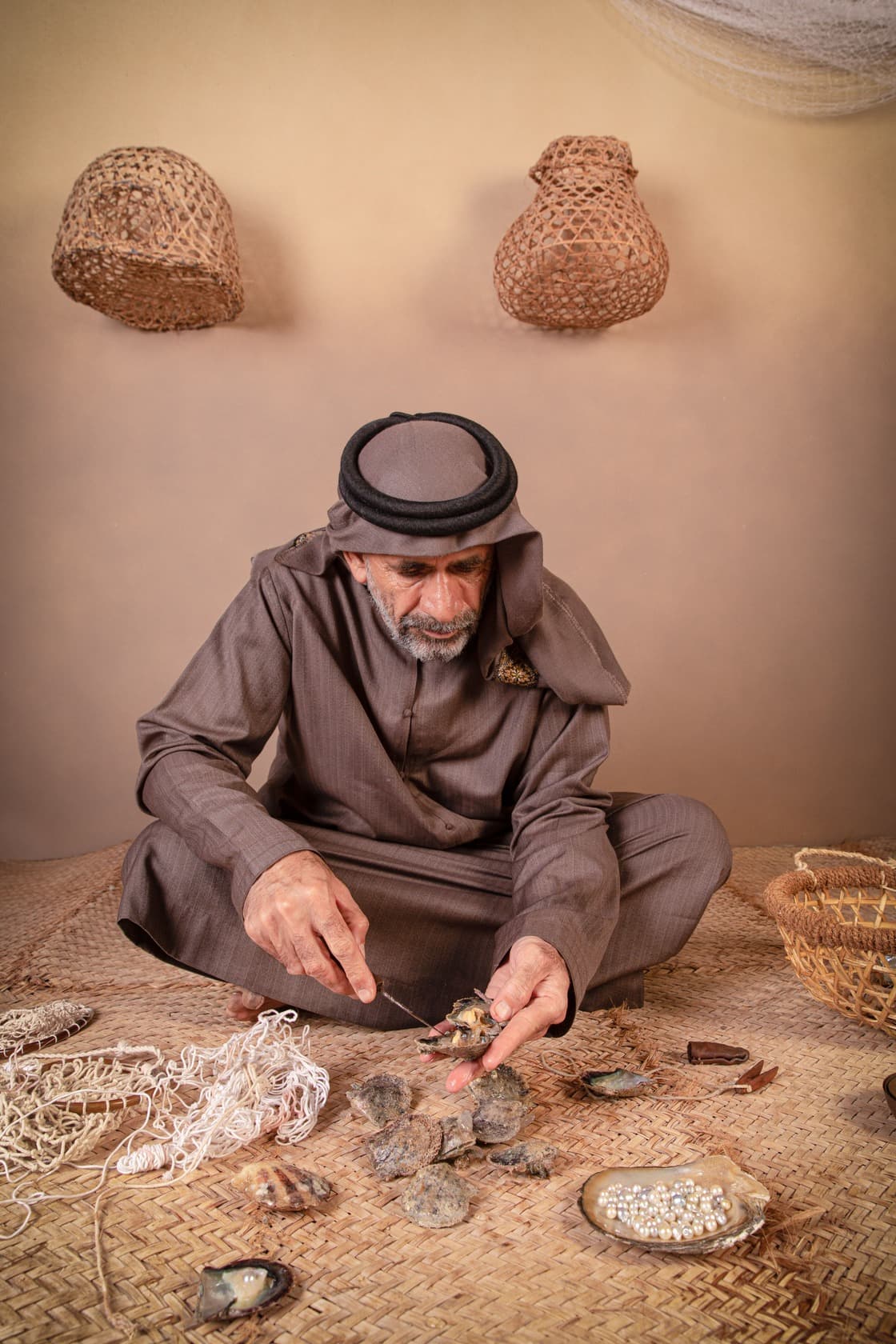 Art sculpture displayed at Qasr Al Hosn highlighting cultural heritage and traditional design.