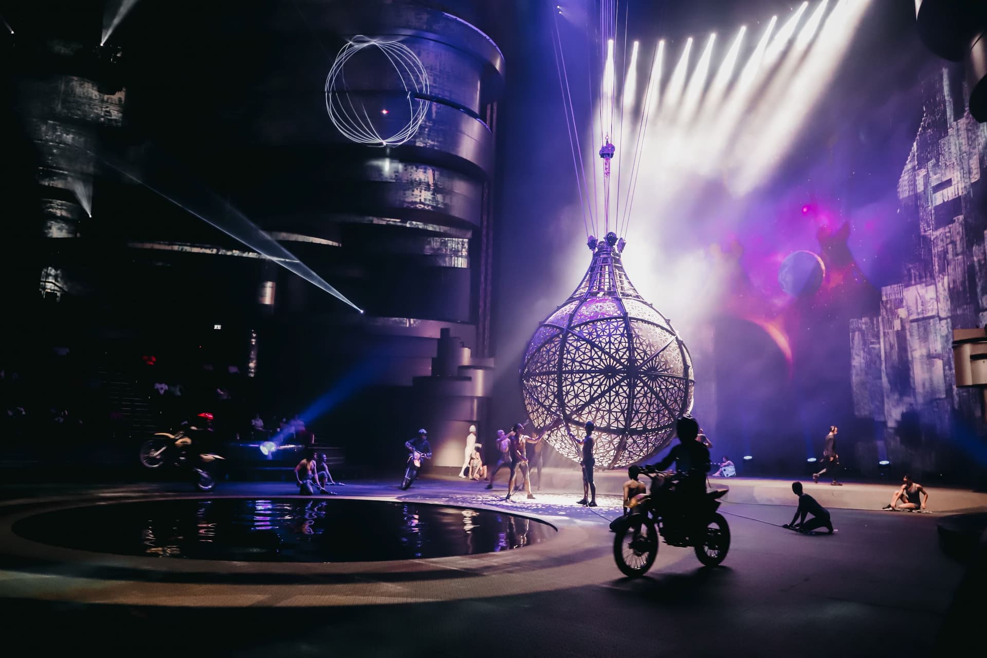 Motorbike cirque stunt performance during the La Perle by Dragone live show in Dubai.