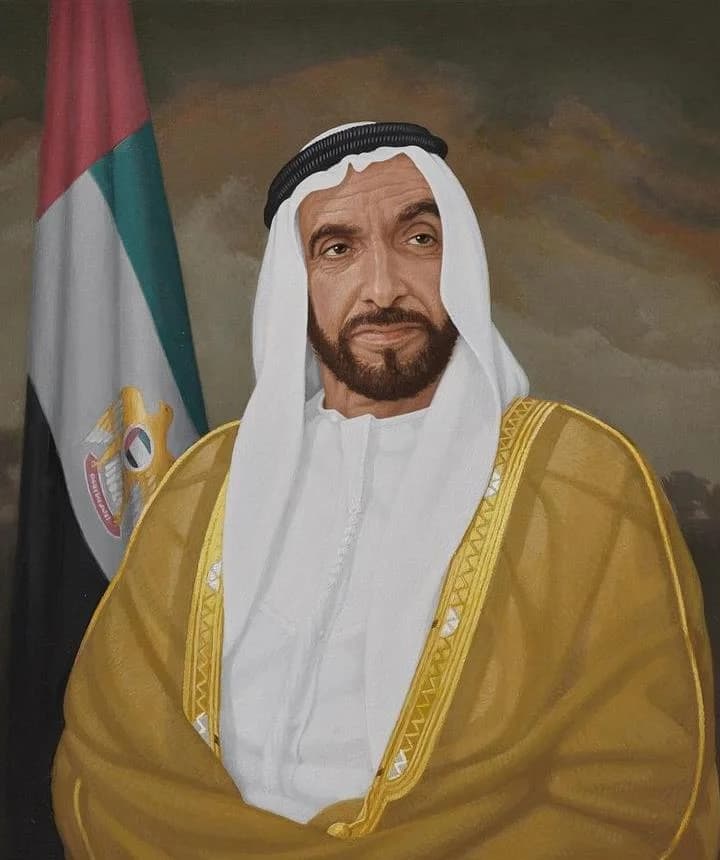 Portrait of UAE rulers displayed inside Zayed National Museum in Abu Dhabi.