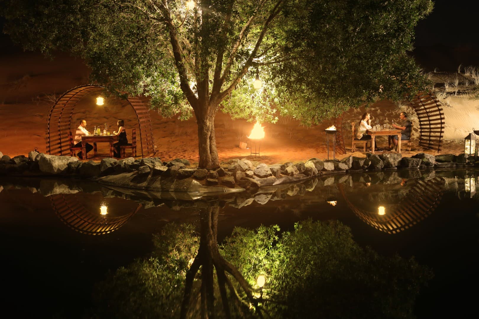 Premium camp area setup at Platinum Desert Safari Dubai with luxury seating and desert ambiance.