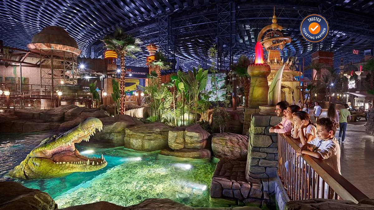 Interior view of IMG Worlds of Adventure showing themed zones and indoor attractions.