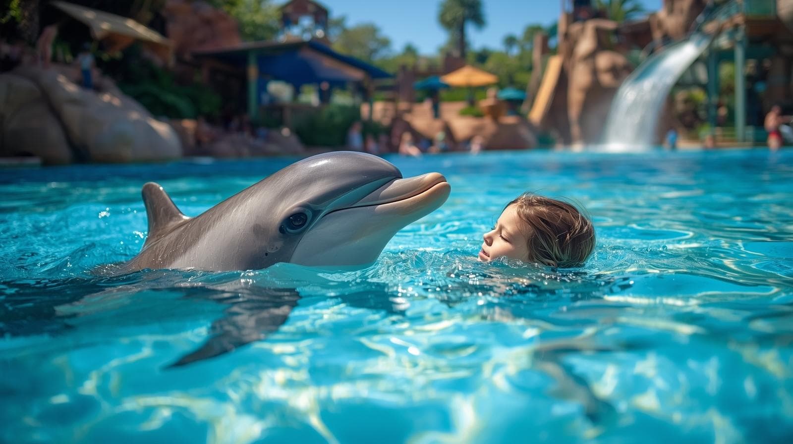 A kid swims joyfully with a dolphin in a clear blue pool, showcasing a playful interaction between them.