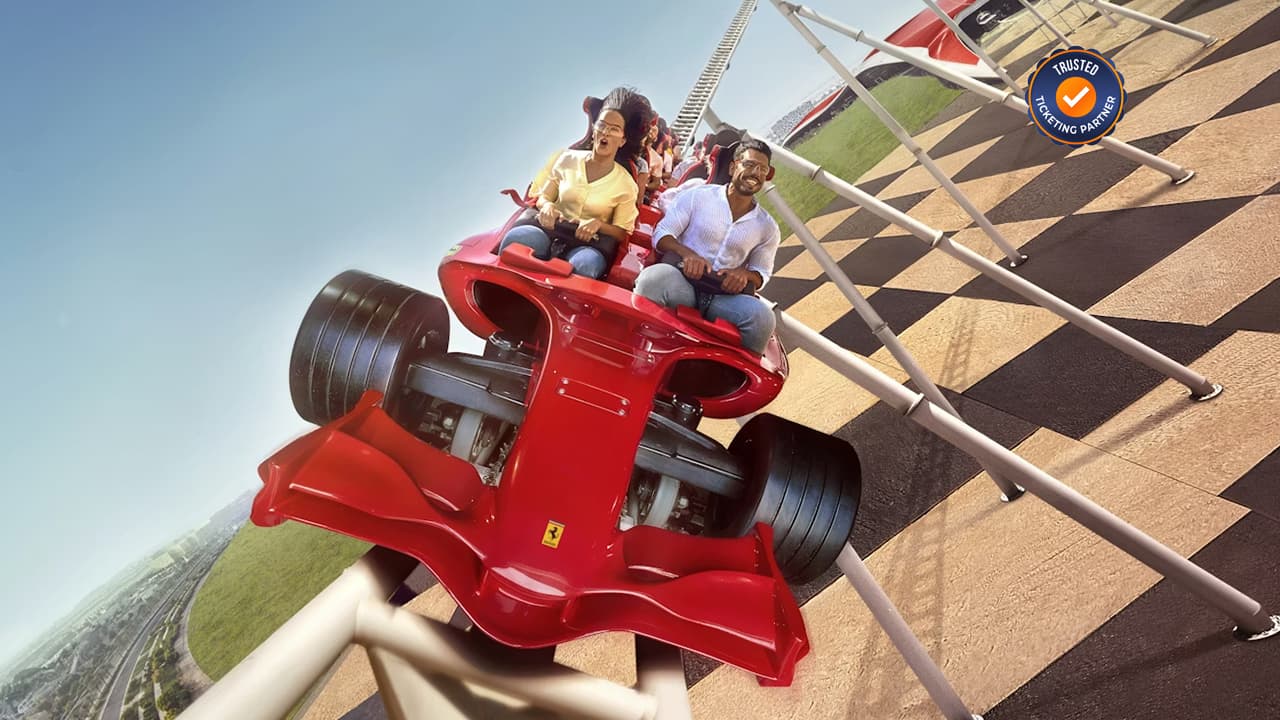 Thrill seekers riding Formula Rossa, the fastest roller coaster in the world at Ferrari World Abu Dhabi.