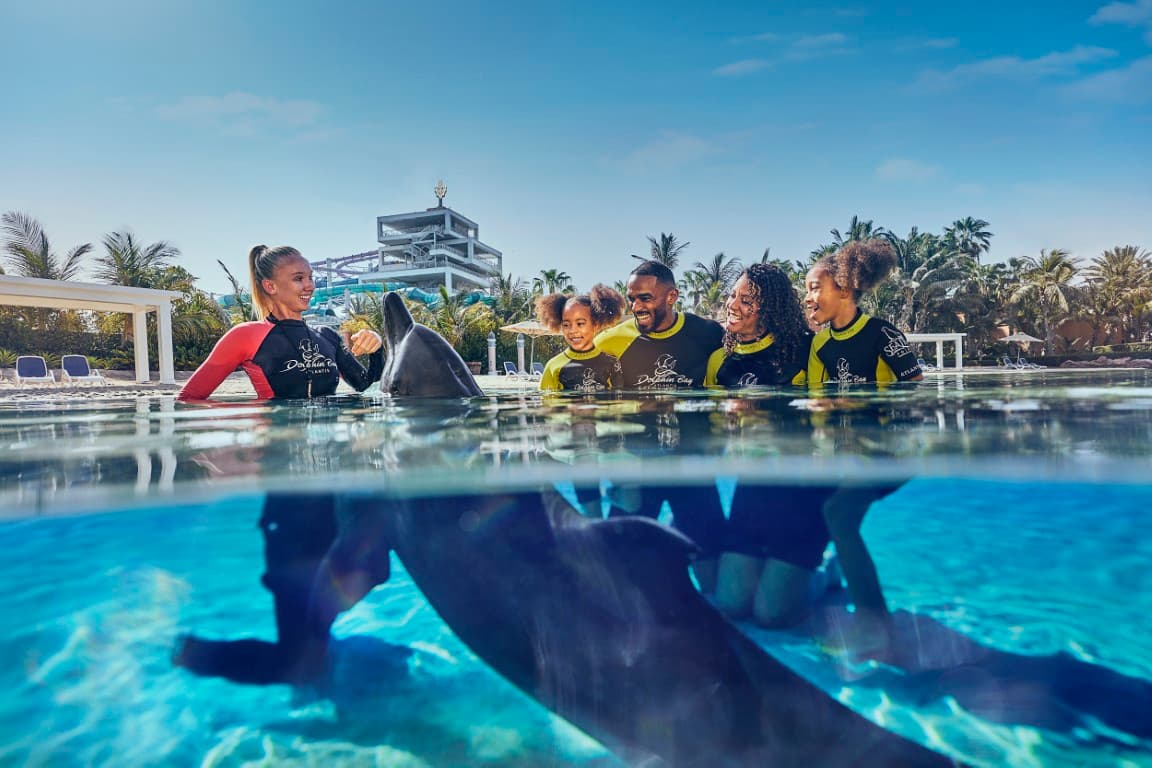 Swimmers in wetsuits and life jackets enjoying a dolphin encounter at Atlantis Dubai, surrounded by playful dolphins.