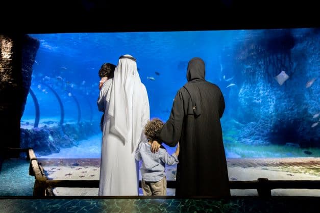 VIP tunnel experience at The National Aquarium Abu Dhabi with guests walking through an underwater passage surrounded by marine life.