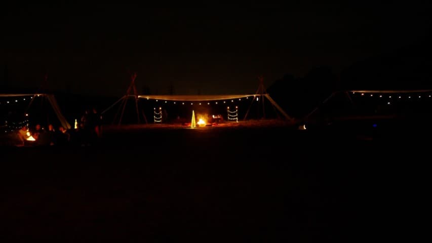A brightly lit campfire at night, surrounded by darkness, with a buggy nearby for a camp dinner.