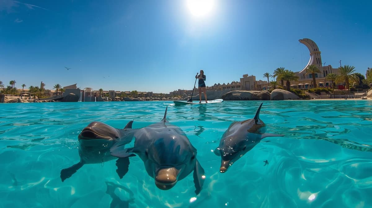 Dolphins swimming playfully in the water at Dolphin Paddle water park, showcasing their agility and grace.