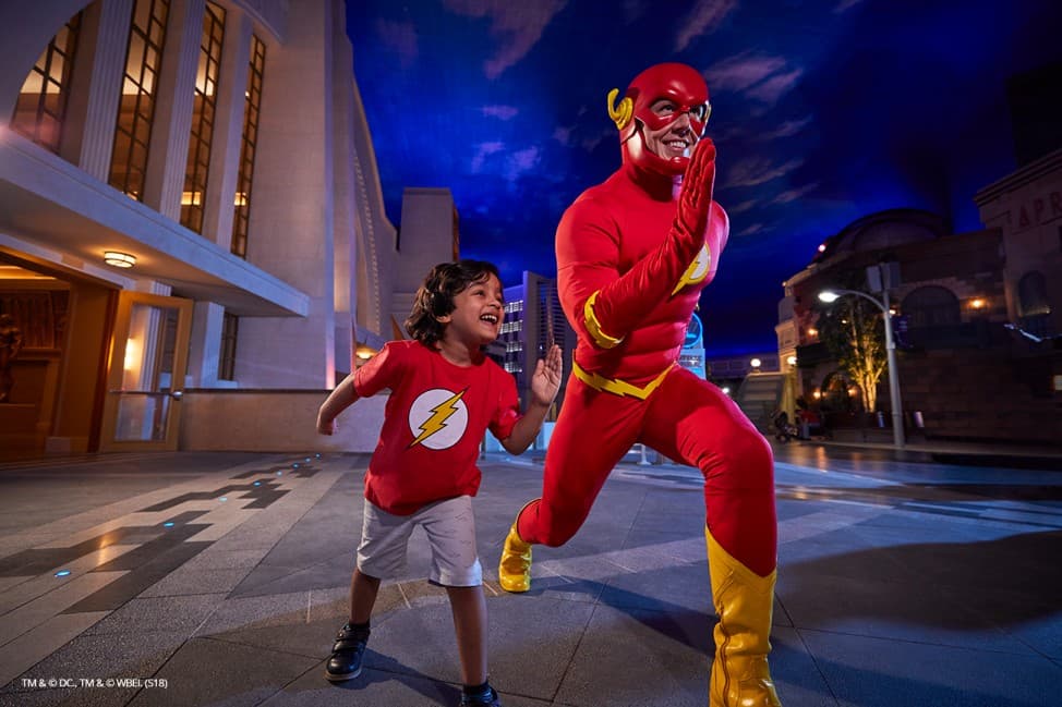 Flash-themed attraction area at Warner Bros. World Abu Dhabi featuring the DC superhero and lightning-inspired design