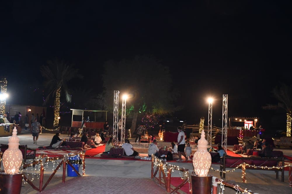Traditional desert camp setup for guests during the Ras Al Khaimah desert safari experience.