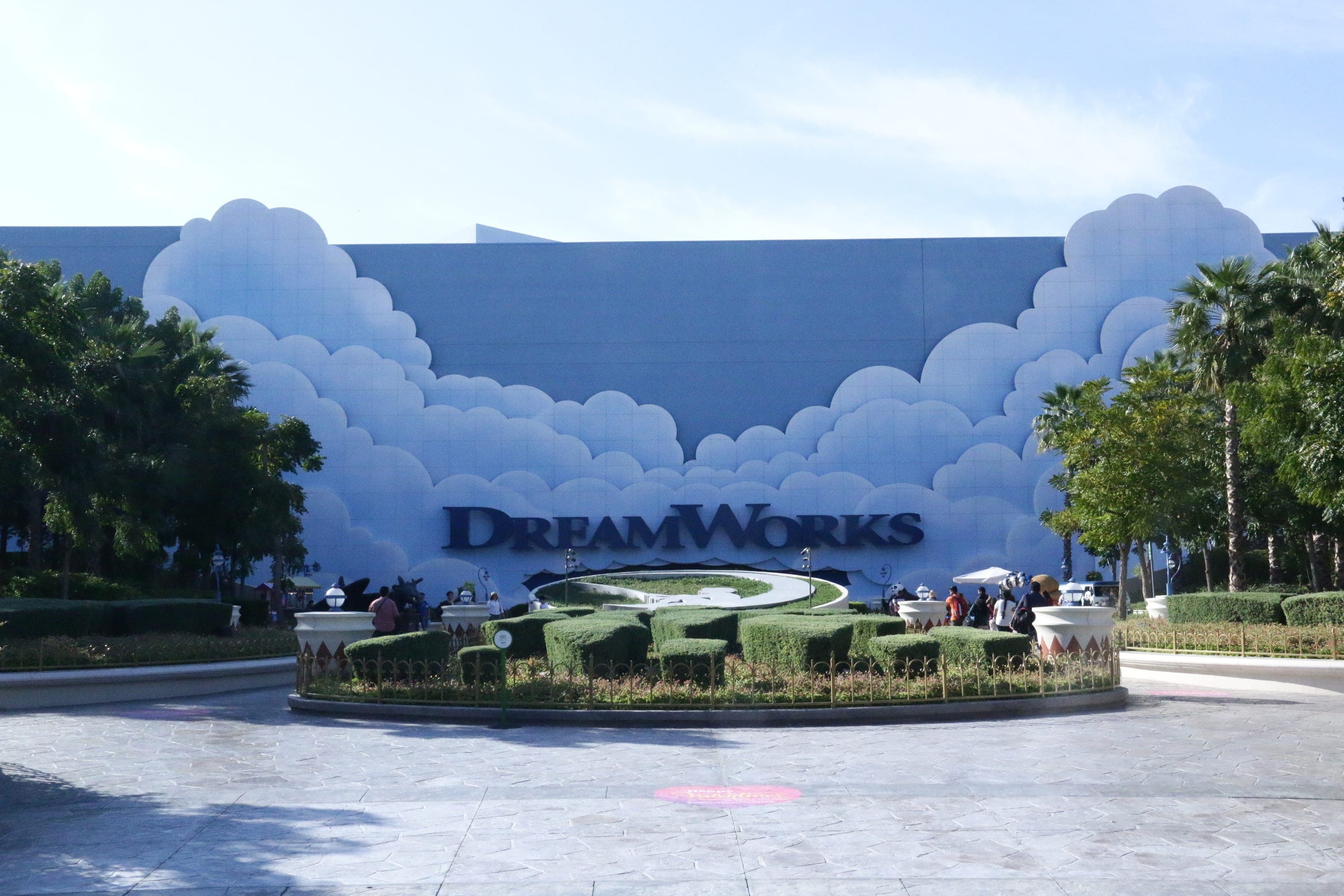 DreamWorks building exterior with a cloud-themed design in sunny weather.