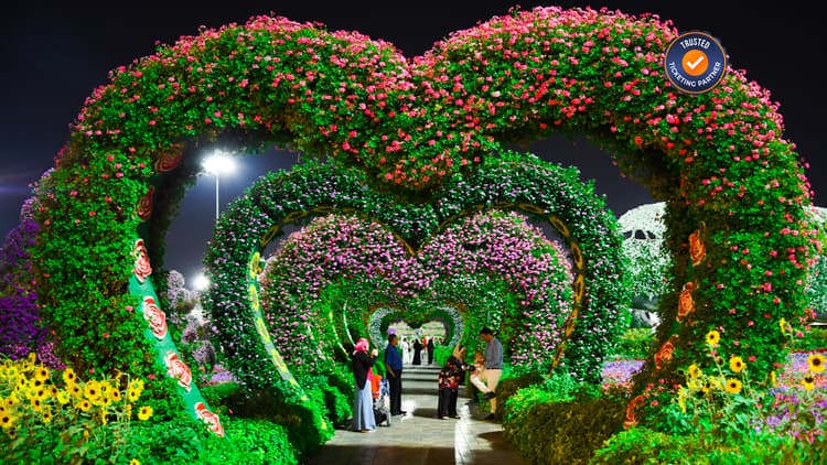 Iconic heart-shaped floral arches at Dubai Miracle Garden forming a romantic walkway