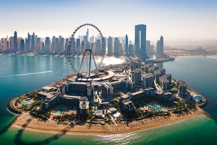 Ain Dubai giant observation wheel at Bluewaters Island with panoramic views of Dubai Marina skyline and the Arabian Gulf.