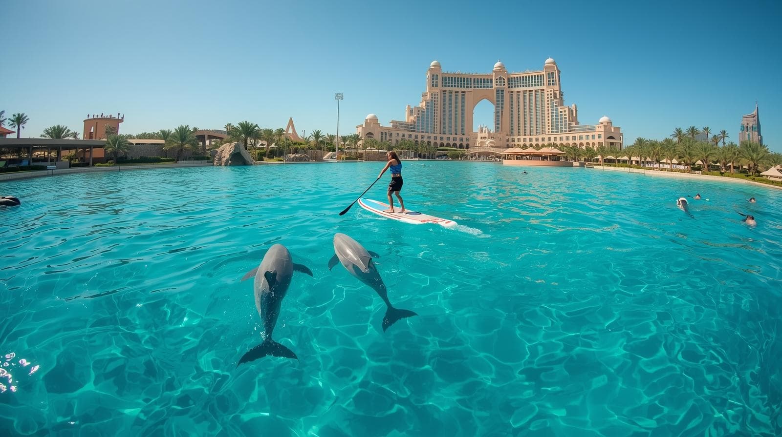 Dolphins swimming in the water at Palm Jumeirah, with a focus on the "Paddle with Dolphin" experience.
