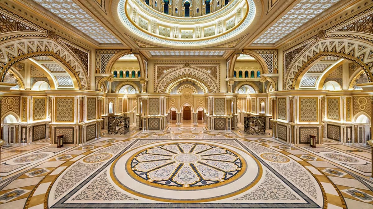 Interior view of Qasr Al Watan featuring a circular floor design, showcasing spaciousness and architectural elegance.