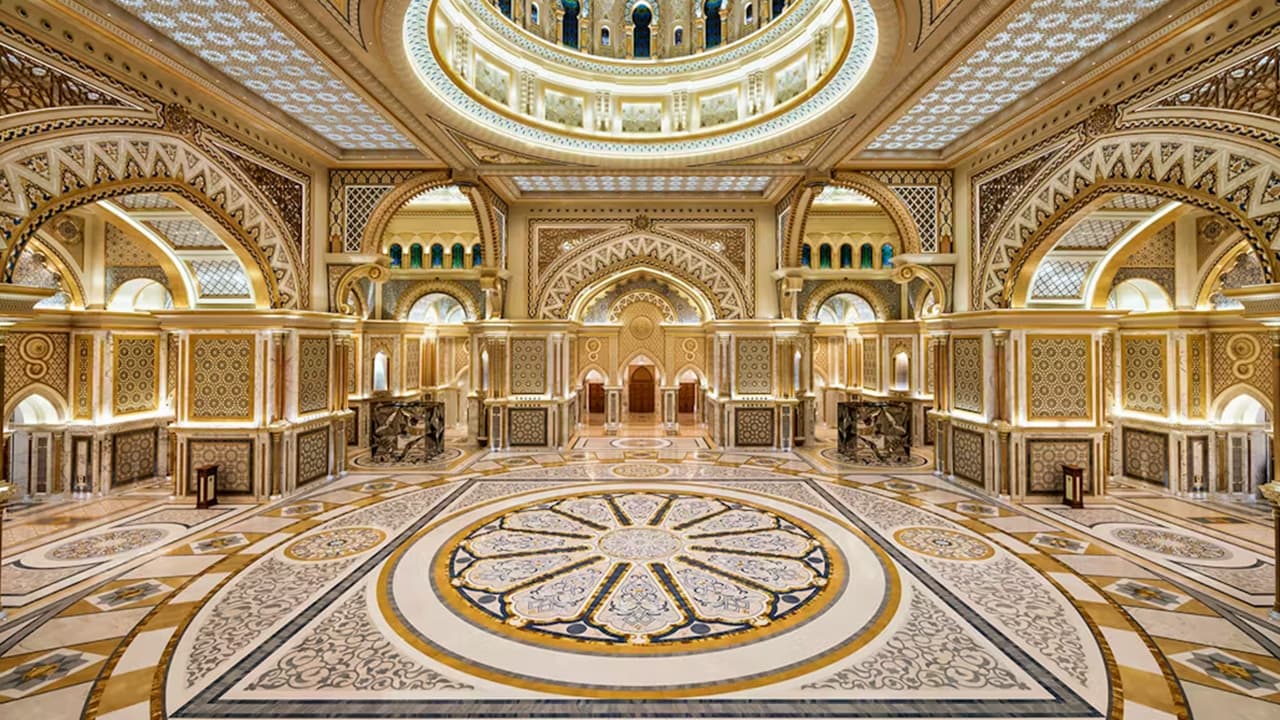 Interior view of Qasr Al Watan featuring a circular floor design, showcasing spaciousness and architectural elegance.