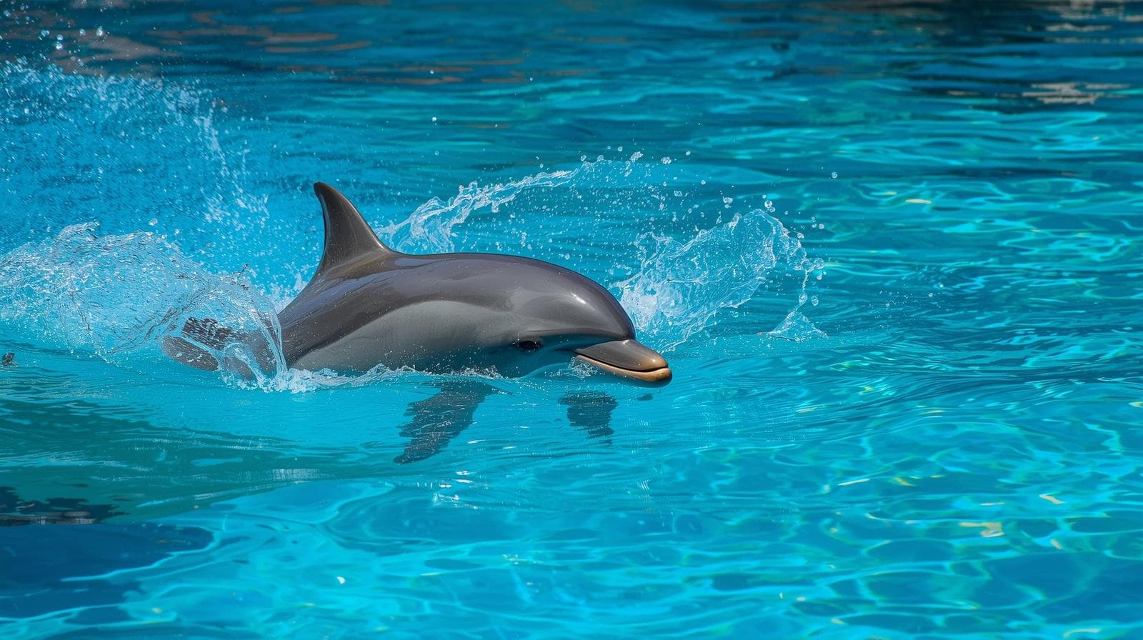 A dolphin splashes playfully in the water while swimming gracefully.