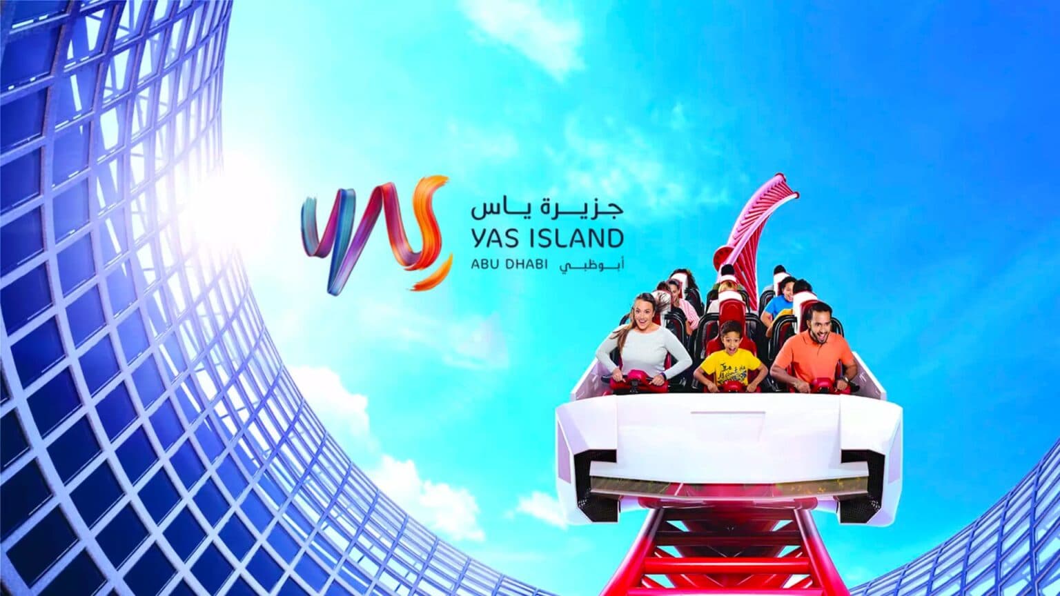 Graphic image featuring the Yas Island logo with a group of people enjoying thrilling rides and attractions