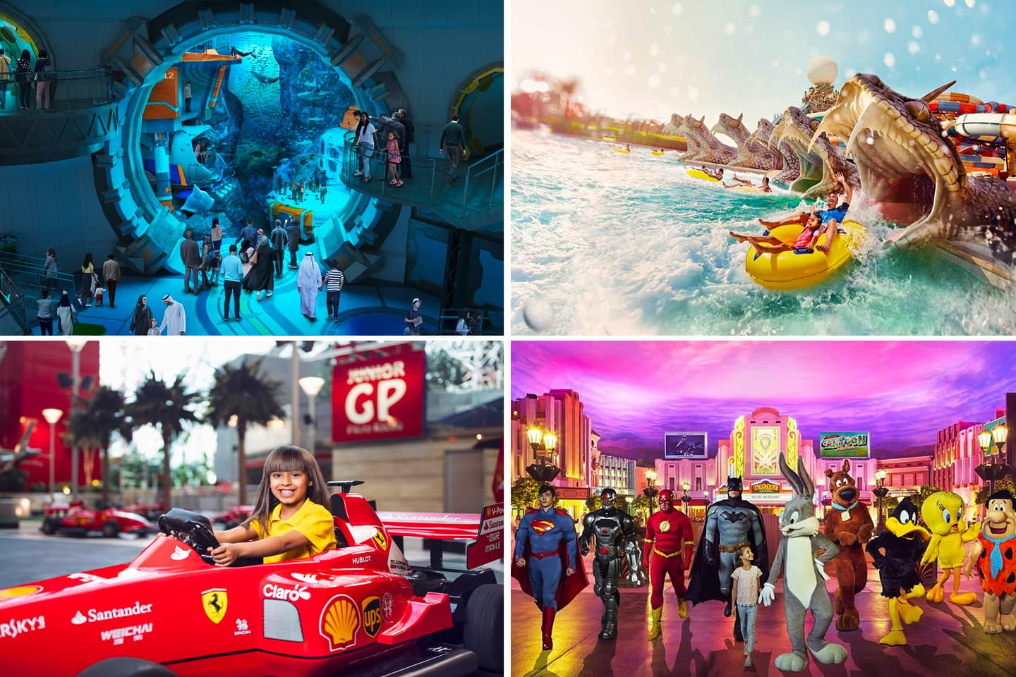 Combined view of Yas Island’s four theme parks in Abu Dhabi including Ferrari World, Yas Waterworld, Warner Bros. World, and SeaWorld.