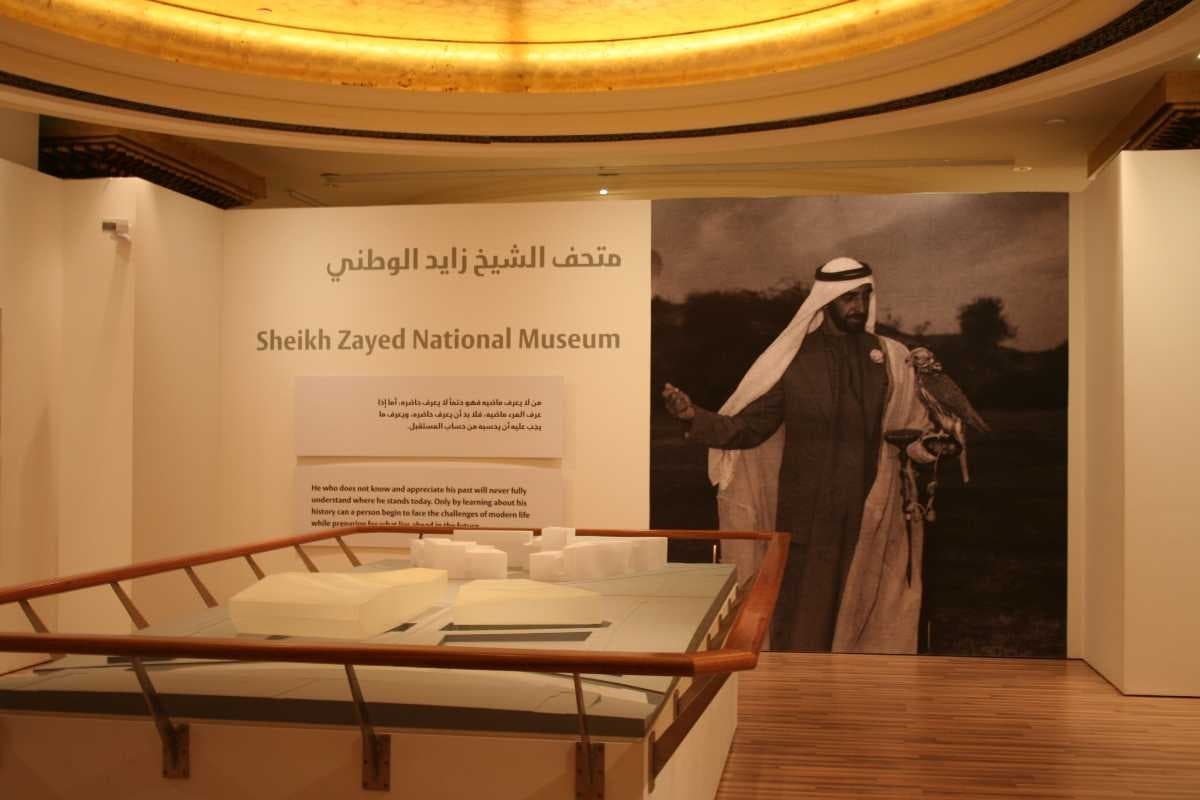 Information display explaining the history and legacy of Sheikh Zayed at Zayed National Museum Abu Dhabi.