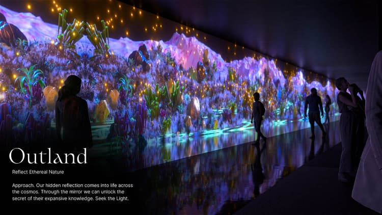 Outland zone at Aya Universe featuring vibrant digital landscapes, glowing lights, and immersive futuristic visuals