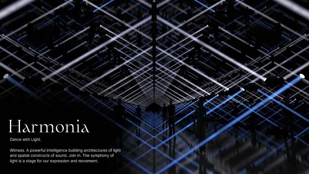 Visitors experiencing the Harmonia zone at Aya Universe with glowing interactive lights and immersive digital art.