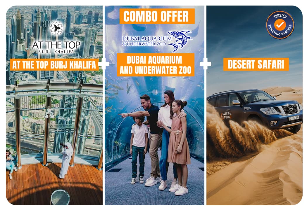 At The Top Burj Khalifa + Desert Safari + Dubai Aquarium and Underwater Zoo - clicktoguide