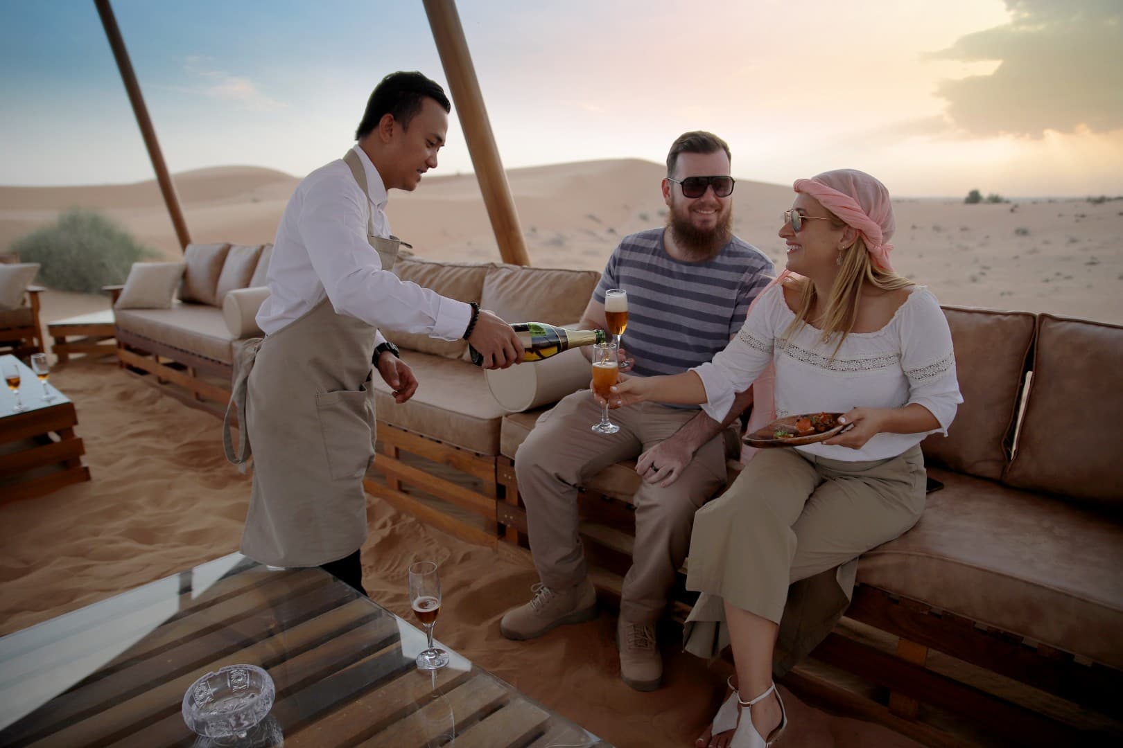 Traditional welcome experience for guests at the Platinum Desert Safari luxury camp in Dubai